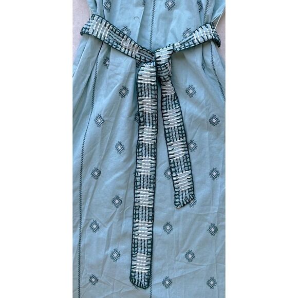 NWT Zara Blue Green Embroidered Belted Tunic Midi Dress, Size Small - Picture 12 of 14
